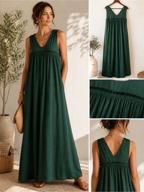Green Flowy Maxi Dress Empire Waist Sleeveless Lined Size S Carolina Belle